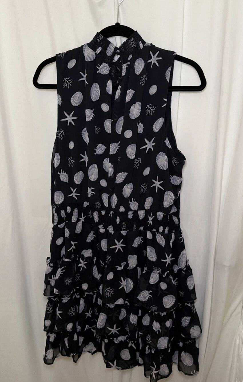 New! 1 State Dress XL Navy/White Lined Smock Waist Ruffle Hem Sleeveless Fun!